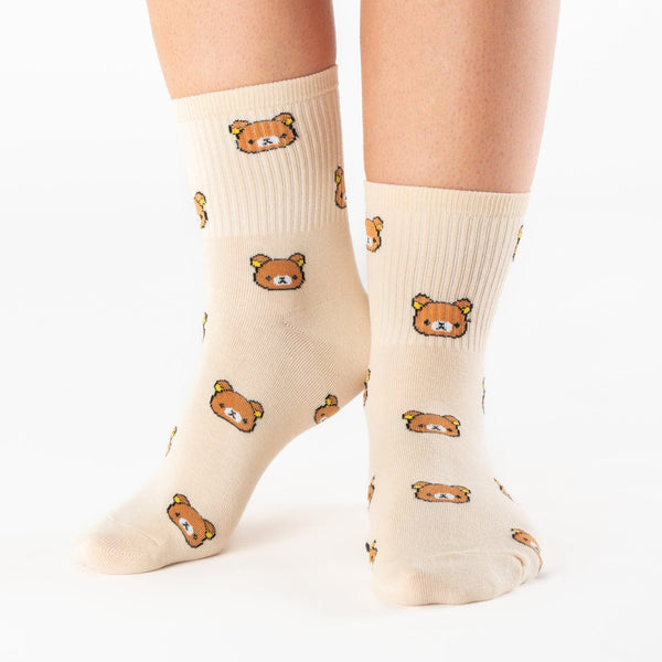 Beige teddy bear knee-high cotton socks