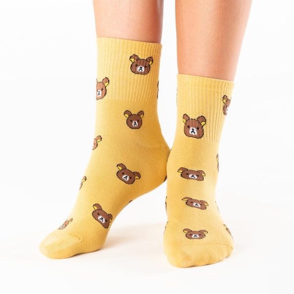 Yellow teddy bear knee-high cotton socks