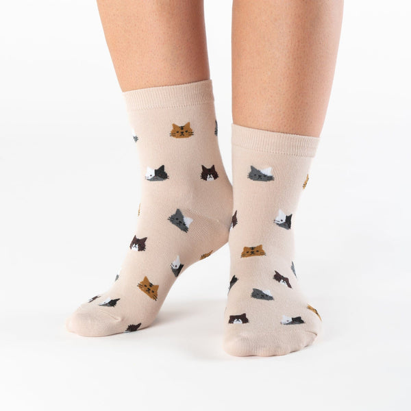 Beige cat face cotton socks