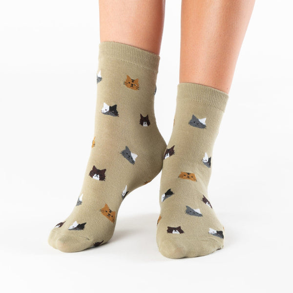 Khaki cat face cotton socks