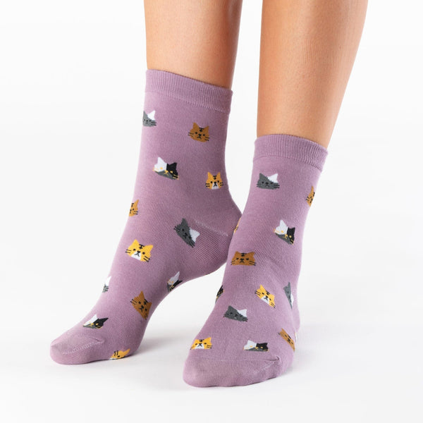 Purple cat face cotton socks